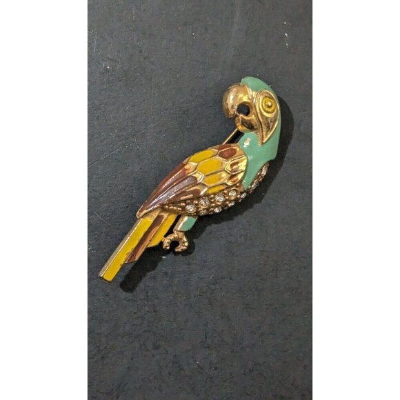 Vintage Parrot Brooch Pin - Rhinestone & Enamel Sparkle Bird   blue Yellow - Picture 4 of 9
